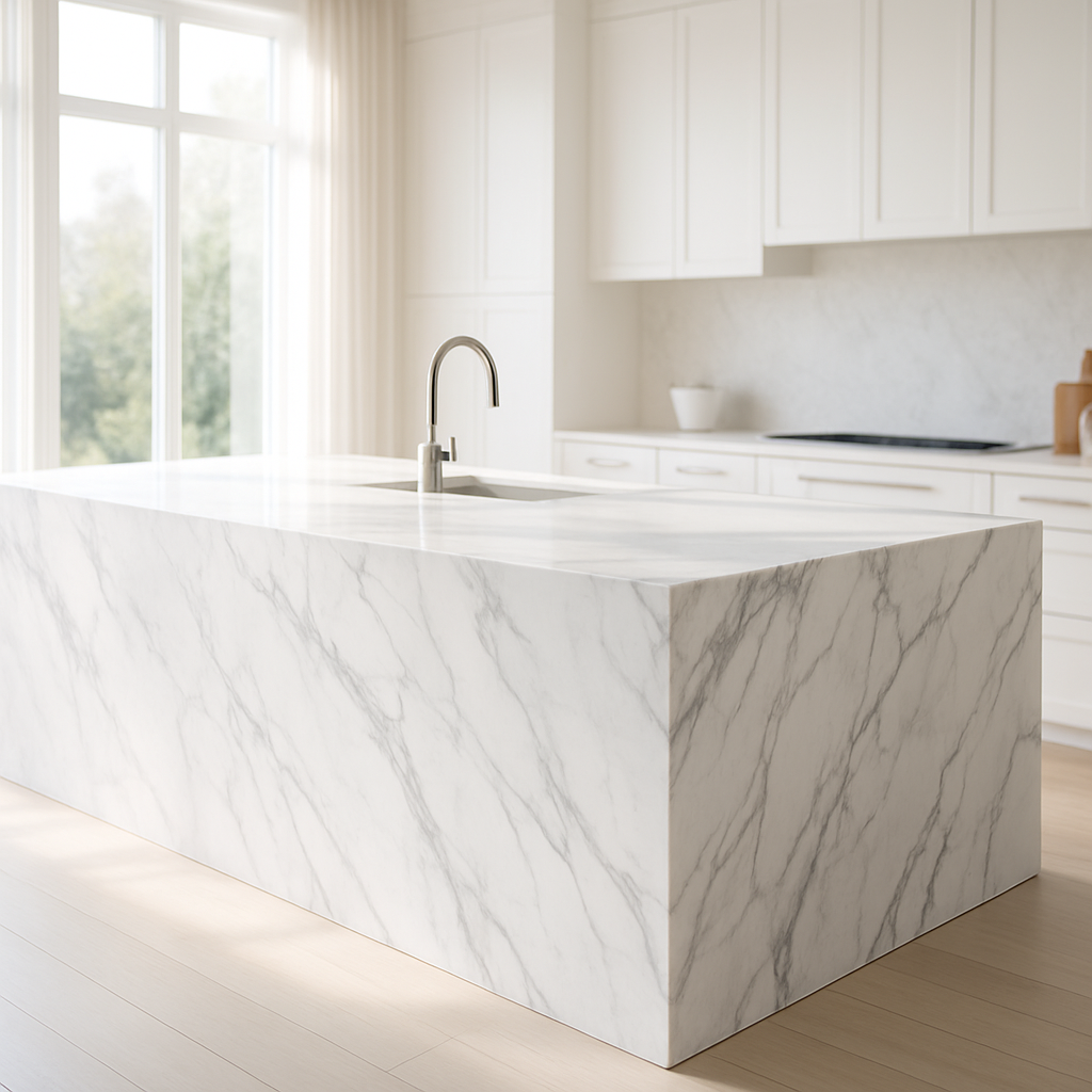 Bright luxury kitchen filled with natural light featuring a white Calacatta marble waterfall island benchtop